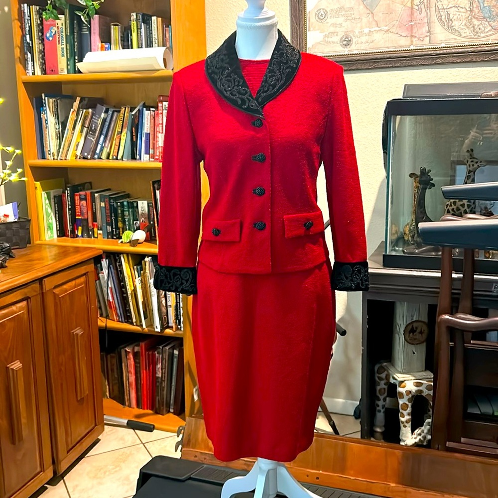 St. John Red sparkle 3piece suite black velvet collar & sleeves.